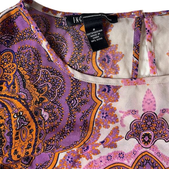 Inc bohochic sheer flowy short sleeve top with paisley purple/orange design - Picture 7 of 8